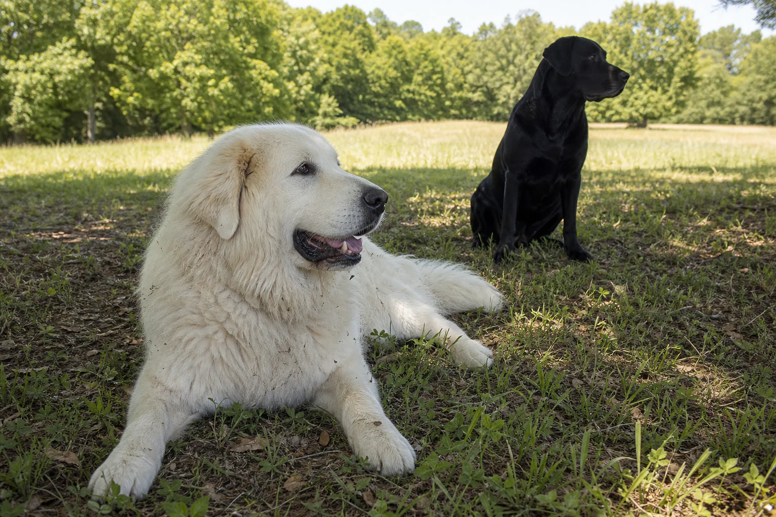 A Great Pyrenees and Labrador resting together in deep tree shade