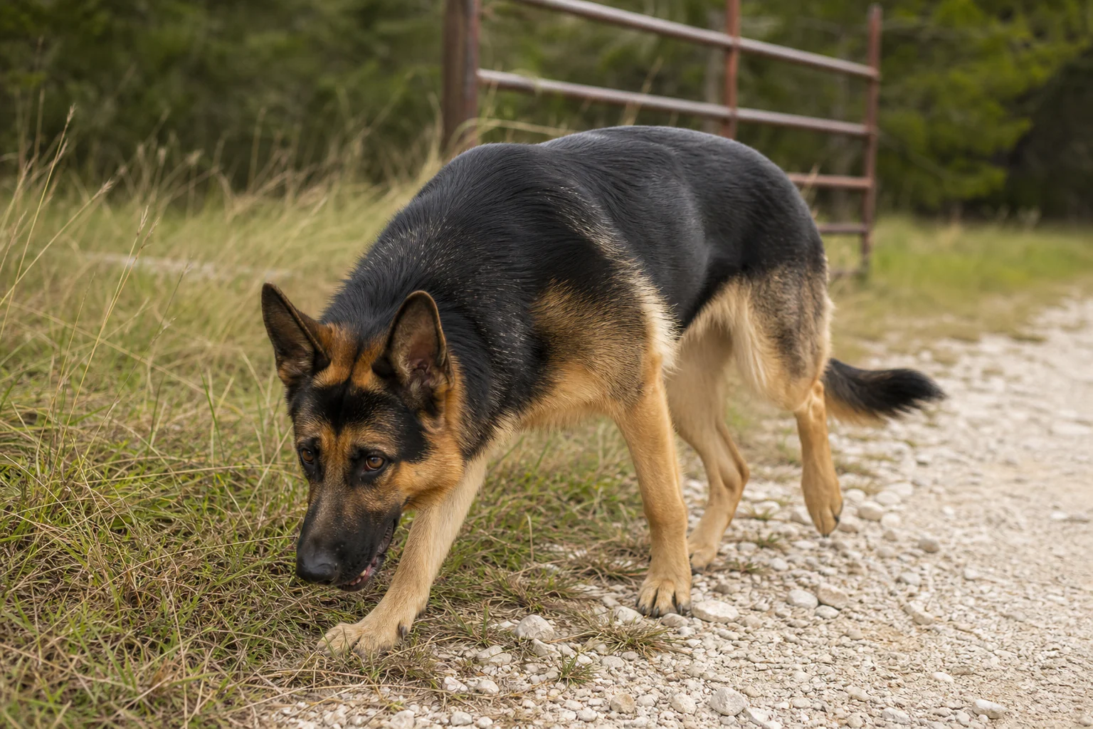 A German Shepherd moving calmly along a secure country fence line