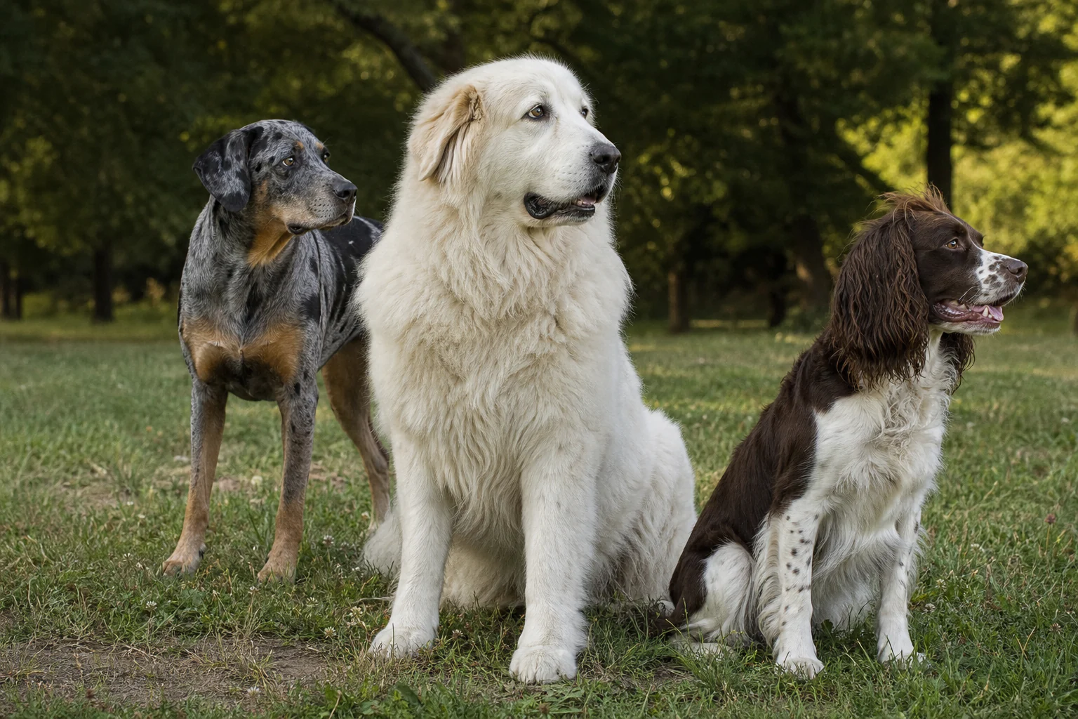 Three different dogs gathered loosely and calmly on country grass