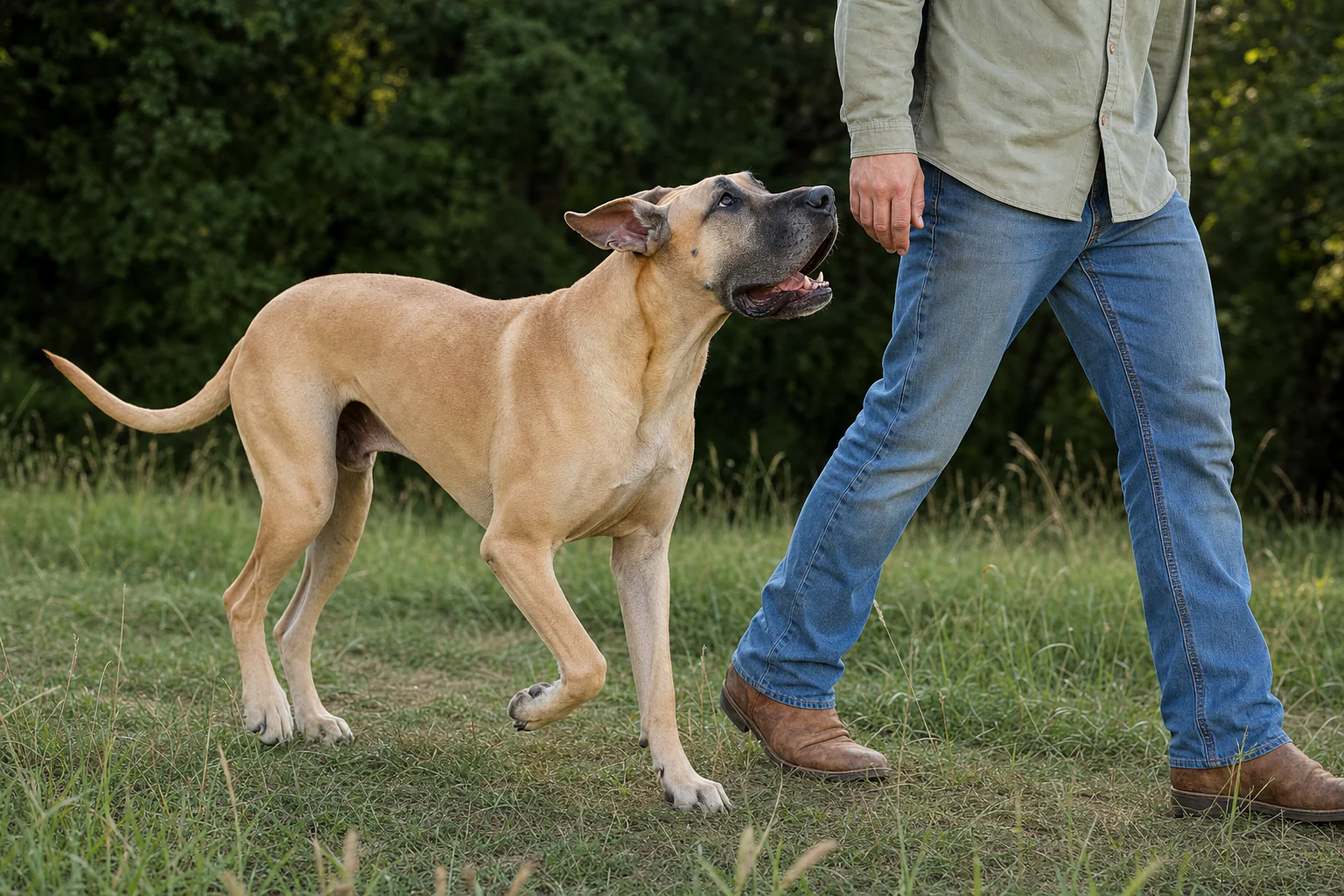 A large dog walking attentively beside a caretaker outdoors