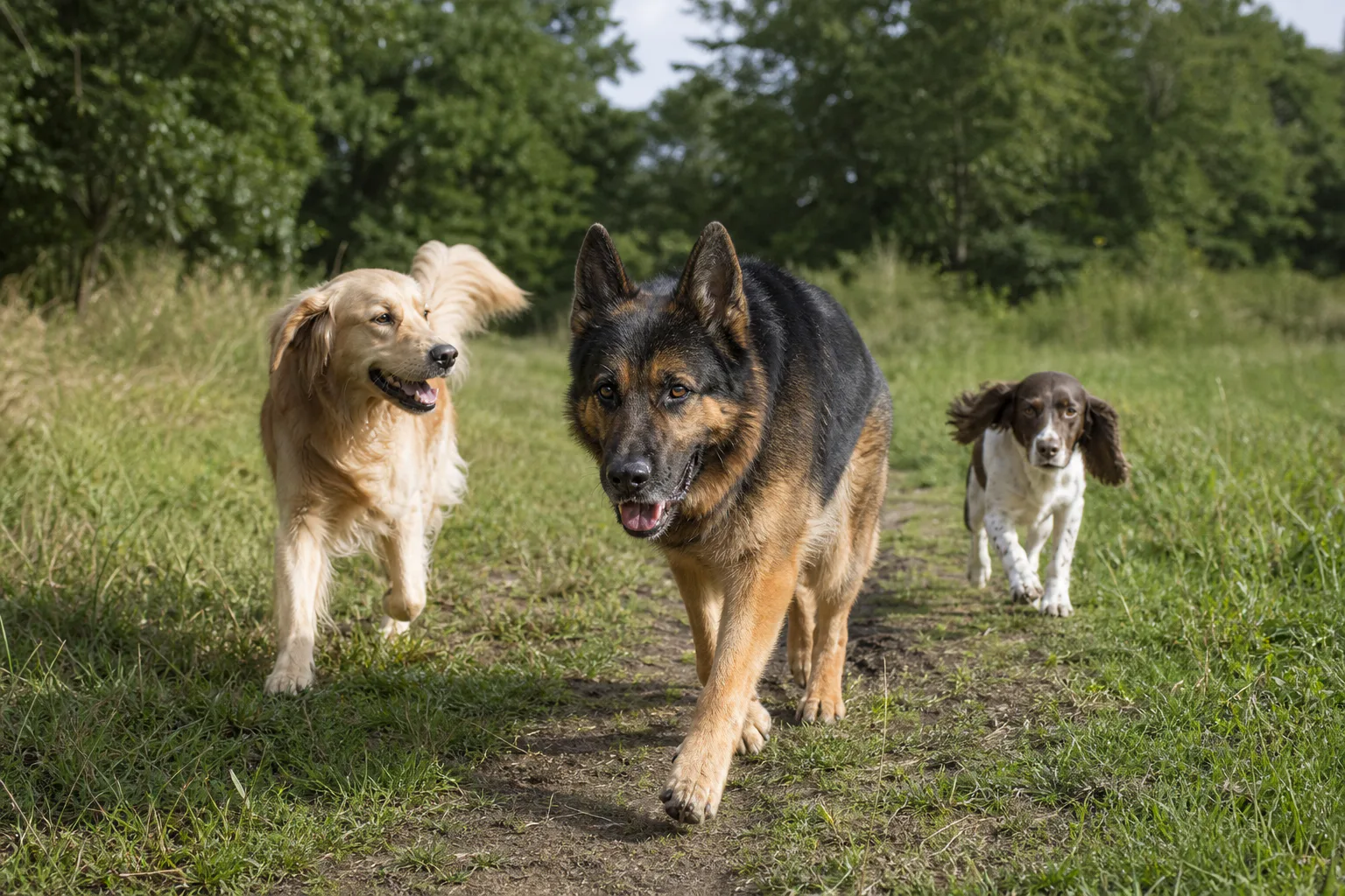 A small group of dogs moving together across open grass