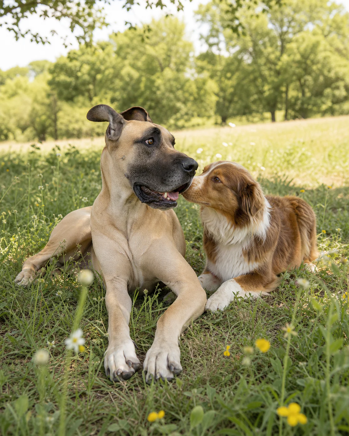 Two dogs resting comfortably together in bright meadow shade