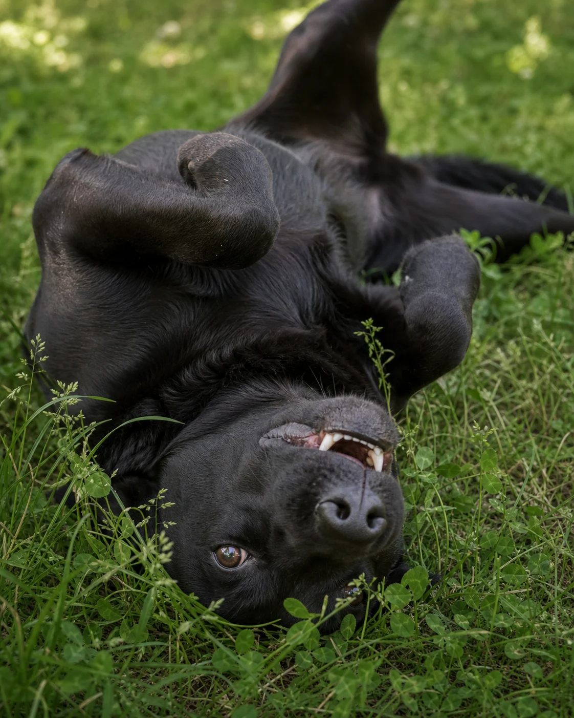 A dog moving at a relaxed pace through open country grass